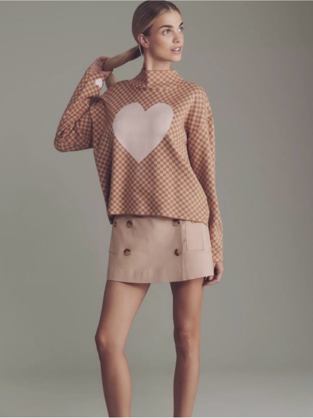 Anthropologie Maeve Carys Pink Heart Checker Mock-Neck Sweater